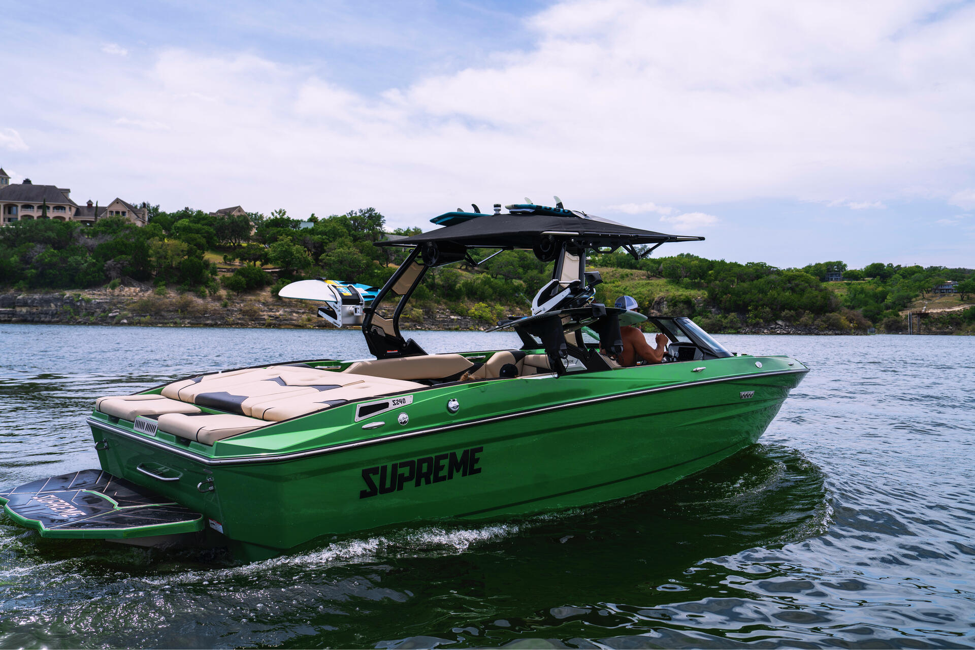 Wake surfing action shot on Lake Travis